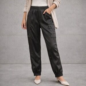 Anthropologie Satin Cargo Joggers Womens XS Green High Rise Tapered Utility Luxe